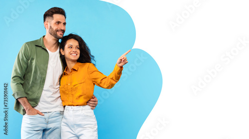 arabic couple pointing fingers at white copy space bubble, collage
