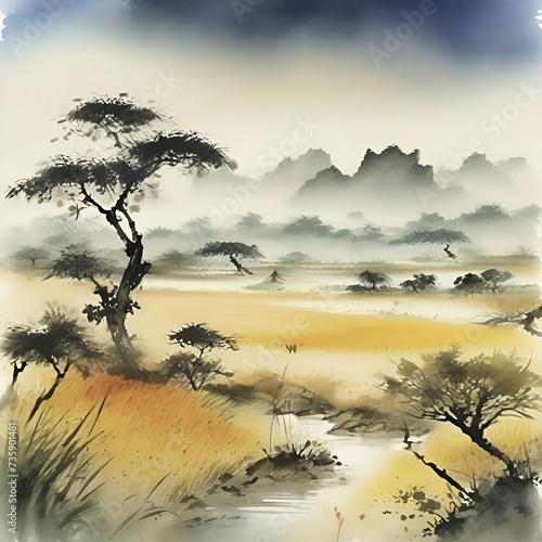 Watercolor paintings of the savanna in the style of traditional Japanese paintings. photo