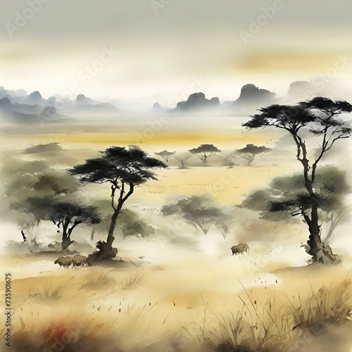 Watercolor paintings of the savanna in the style of traditional Japanese paintings.