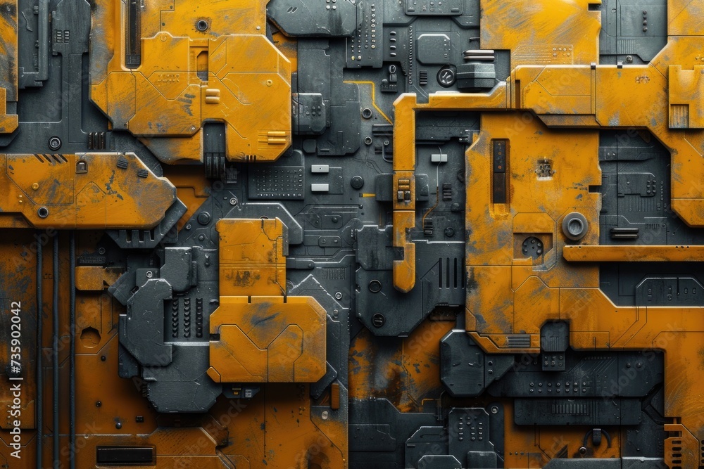 A vibrant and industrial yellow and black metal wall stands tall, contrasting against the natural outdoor landscape, evoking a sense of modernity and strength A vibrant and industrial yellow and black metal wall stands tall, contrasting against the natural outdoor landscape, evoking a sense of modernity and strength