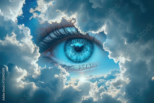 Amidst a sea of billowy clouds, a solitary blue eye gazes upon the endless expanse of sky, hinting at the depths of wonder and curiosity that lie within