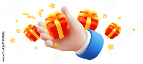 Vector illustration of gesture hand in sleeve hold red gift box on white color background with present. 3d style design of man white skin hand give present
