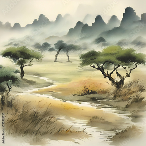 Watercolor paintings of the savanna in the style of traditional Japanese paintings. photo