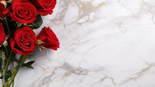 composition of a bouquet of red roses flowers, top view with copy space on a light golden marble surface