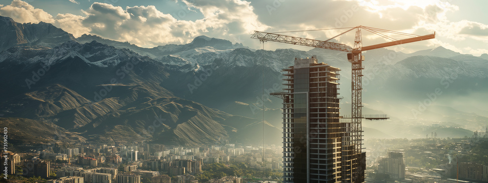 construction of a residential complex with sea and mountain views , a banner for a construction company - obrazy, fototapety, plakaty 