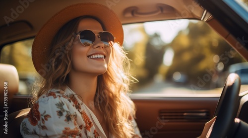 A happy successful smiling young woman driving a new car. An attractive cheerful girl travels on vacation. Buying and renting a car.