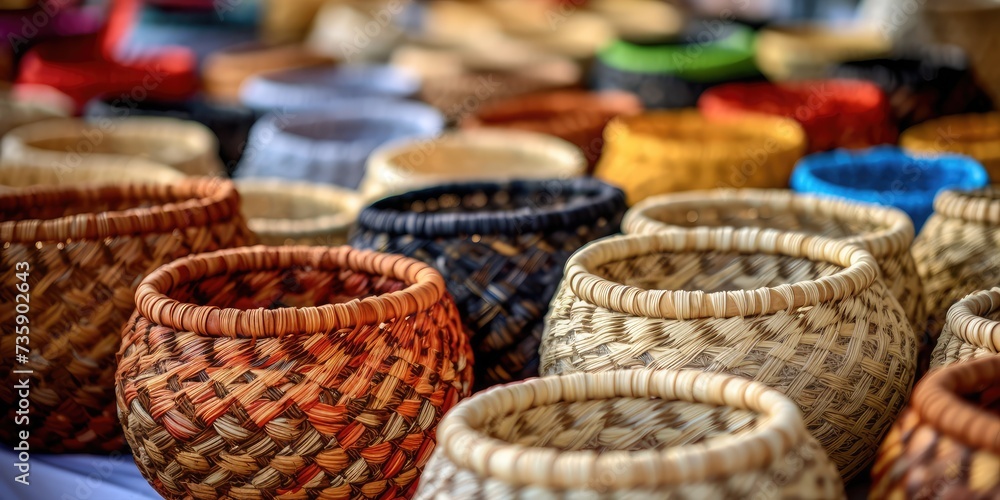 Many Wicker Baskets on Handicraft Market, New Wickerwork, Hand Made Basket, Bamboo Containers