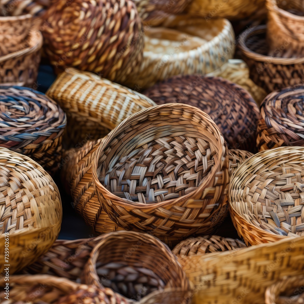 Wicker Baskets Seamless Pattern, New Wickerwork, Hand Made Basket Mockup, Bamboo Container