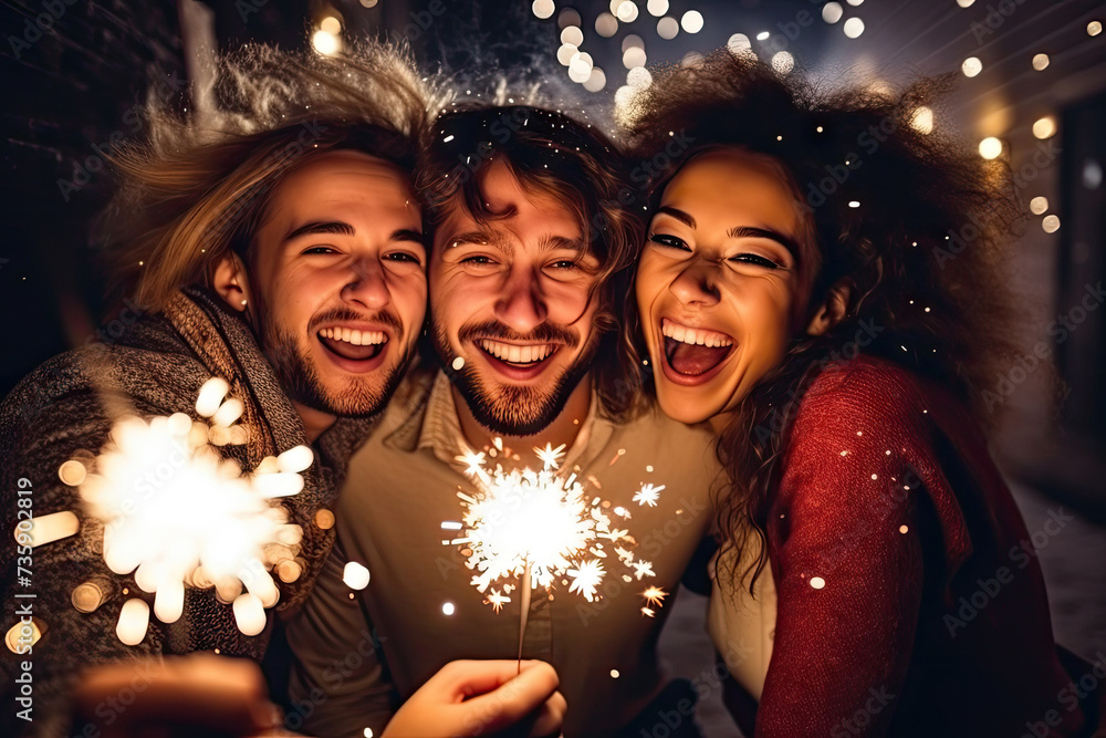 Happy Friends with Christmas Sparklers, Fun Winter Party, Xmas Holidays People, Bengal Fire Happy Friends with Christmas Sparklers, Fun Winter Party, Xmas Holidays People, Bengal Fire