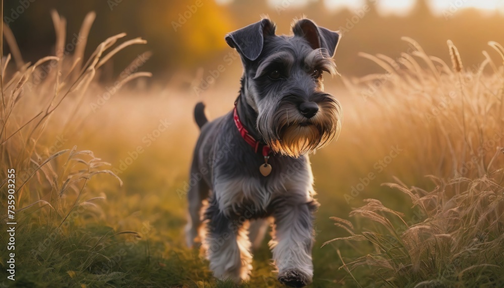 miniature schnauzer, dog at dawn, purebred dog in nature, happy dog, beautiful dog