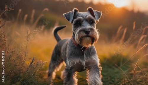 miniature schnauzer, dog at dawn, purebred dog in nature, happy dog, beautiful dog photo