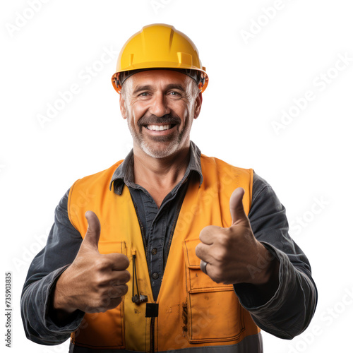 Happy middle aged man engineer, thump up, smile face, half body, on transparency background PNG photo