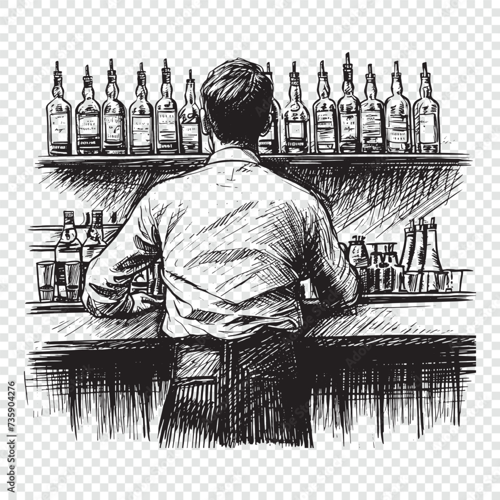 Behind the man at the bar. Hand drawn engraving style vector illustrations. - obrazy, fototapety, plakaty 
