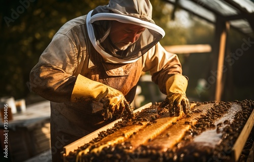 Male beekeeper in white coat holding honey bee hive ready to harvest honey