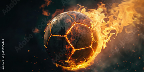 Burning soccer ball in the flames on dark background with copy space.