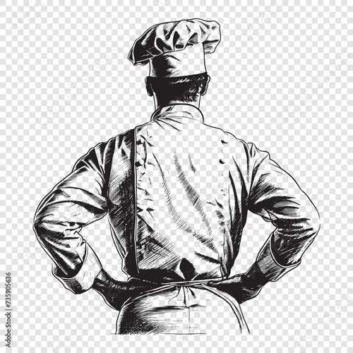 Behind the chef. Hand drawn engraving style vector illustrations.