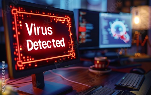 Virus Alert Warning.A red warning sign popping up on a monitor, with the words "Virus Detected".