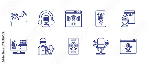 Podcast line icon set. Editable stroke. Vector illustration. Containing podcast, podcaster, mobile phone, website, microphone, record.