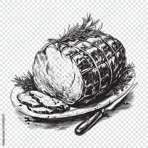 Grilled meat, Pork or beef meatloaf. Hand drawn engraving style vector illustrations.
