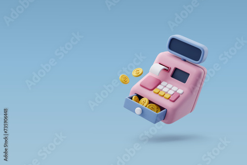 3d Vector Cash machine, Cash register with Gold coin, Financial services, Business and financial concept.