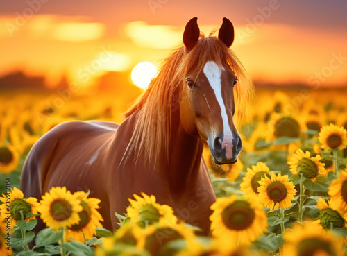 Horse Standing in Field of Sunflowers