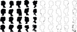 Cameo Silhouette collection, diverse hairstyles, head shapes. Black and white vector illustrations, male female profiles. Perfect for avatars, icons, design elements