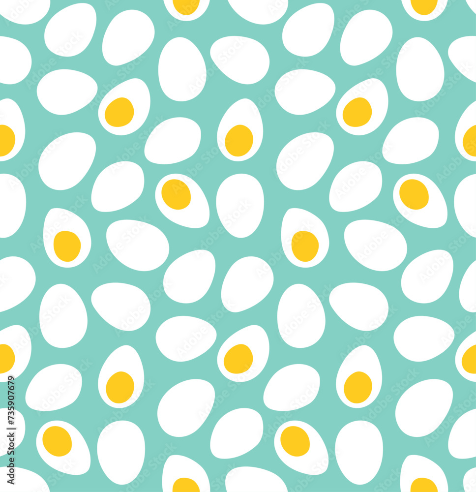 seamless background pattern with white eggs and eggs with yolk. Easter border, banner, gritting card, wrapping paper in trendy fashion retro colors. Vector illustration 
