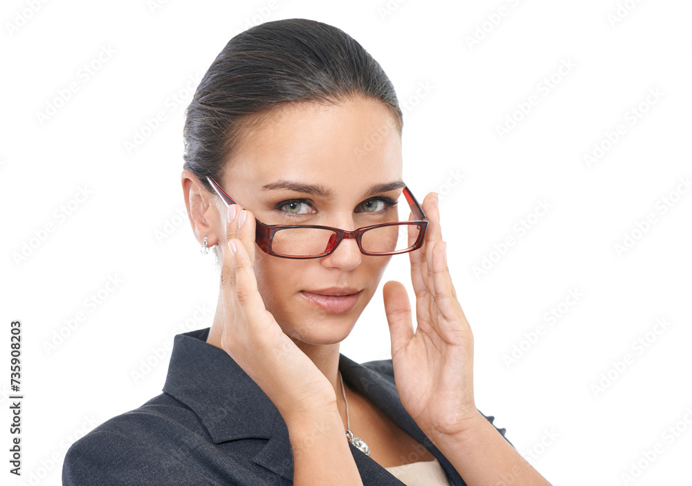 Businesswoman, eyewear and confident in studio portrait, professional and consultant on white background. Female person, glasses and entrepreneur pride for startup company, optical care and serious Businesswoman, eyewear and confident in studio portrait, professional and consultant on white background. Female person, glasses and entrepreneur pride for startup company, optical care and serious