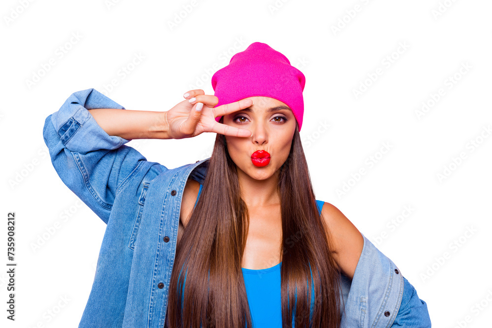 I am princess and number one here! Close up studio photo portrait of pretty lovely coquet charming excited lady making v-sign near eyes looking at you camera isolated bright color pastel background I am princess and number one here! Close up studio photo portrait of pretty lovely coquet charming excited lady making v-sign near eyes looking at you camera isolated bright color pastel background