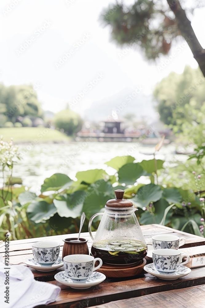 Elegant Tea Set with Transparent Teapot on Wooden Lakeside Table