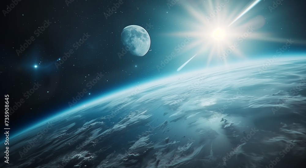 Magnificent View of Earth and Moon from Space with Radiant Sunlight Magnificent View of Earth and Moon from Space with Radiant Sunlight