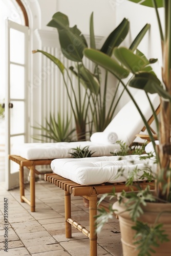 Tranquil Spa Room with Modern Bamboo Furniture and Lush Greenery