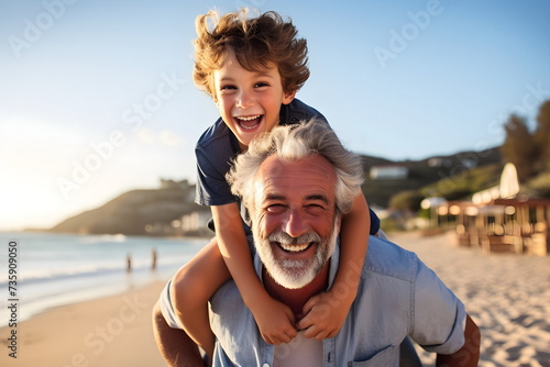 grandfather and grandson piggyback on a sea beach