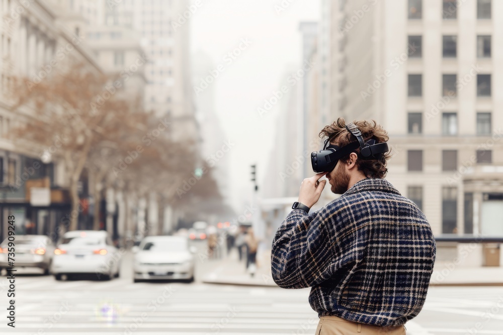 Young Man Exploring Virtual Reality Technology in Urban Setting Young Man Exploring Virtual Reality Technology in Urban Setting