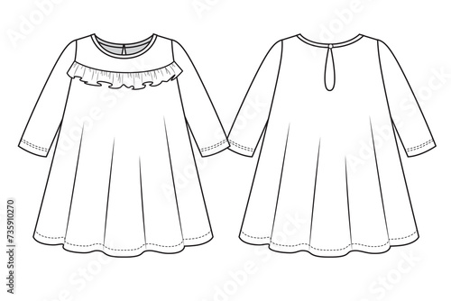Toddler girls ruffle long sleeve dress flat sketch