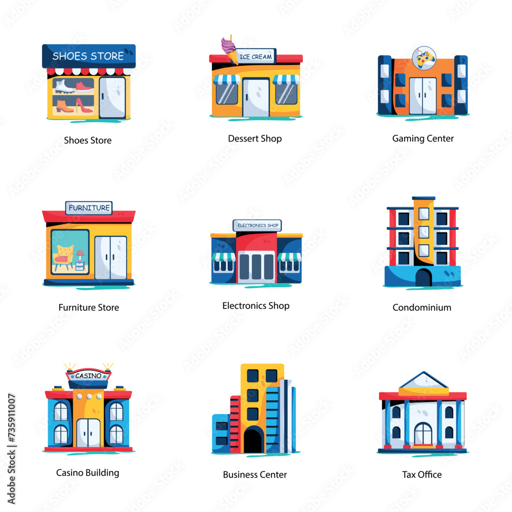 Bundle of Building Frontage Flat Icons 

