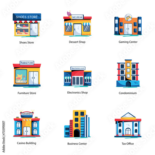 Bundle of Building Frontage Flat Icons 

