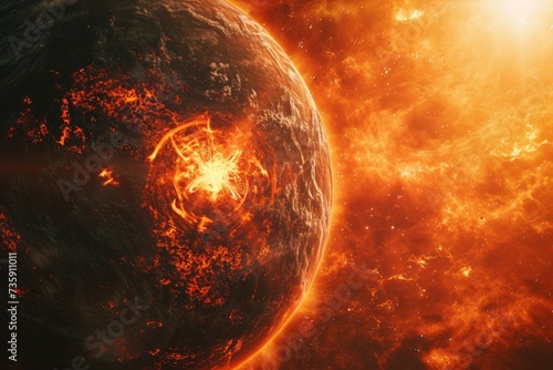 Dramatic apocalyptic scene with a fiery explosion engulfing a planet in space.