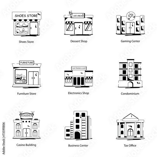 Bundle of Building Frontage Glyph Icons 

