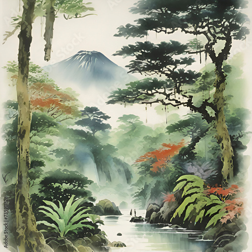 Watercolor paintings of the rainforest in the style of traditional Japanese paintings.