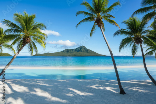 Serene beach view with palm trees and distant island. The concept of recreation and tourism.