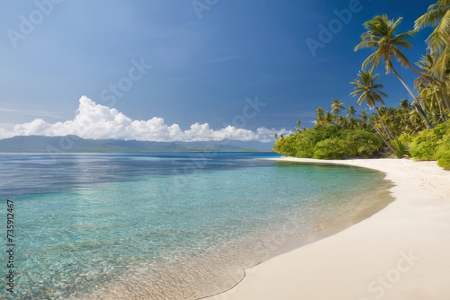 Serene beach view with palm trees and distant island. The concept of recreation and tourism.