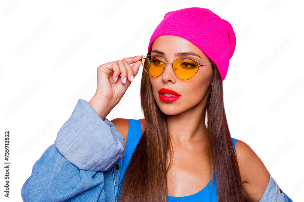 What`s on her mind?! Close up portrait of young brunette model looking away, wearing casual outfit isolated on pink vivid background What`s on her mind?! Close up portrait of young brunette model looking away, wearing casual outfit isolated on pink vivid background