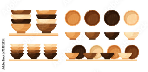 Empty wooden bowls, deep plates or dishes for soup, sauce, garnish and salad. Vector flat cartoon set of kitchen tableware, utensil in stack on shelf in home interior or store, side and top view
