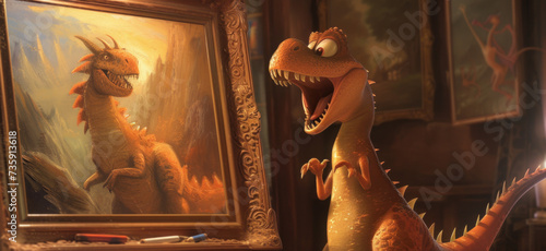 A dinosaur looks at a picture with a dragon  Generative AI