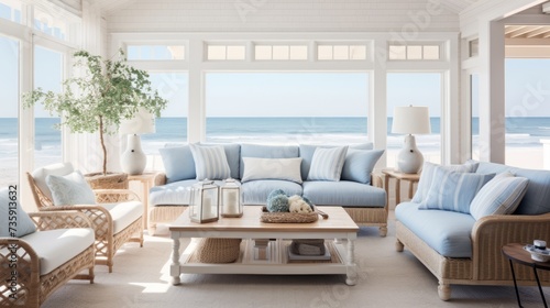 beautiful small space casual living family room soft neutral wood beams  and a gorgeous grouping of swivel color fabric chairs around a striking coffee table coastal design nature freshness home © VERTEX SPACE