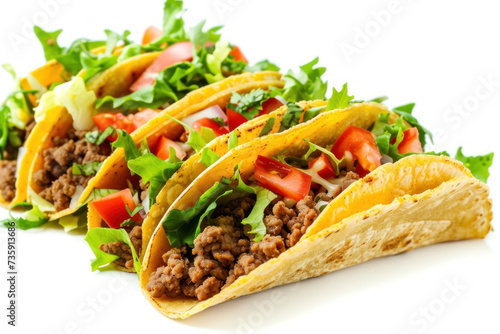 Three Tacos Filled With Meat, Lettuce, and Tomatoes