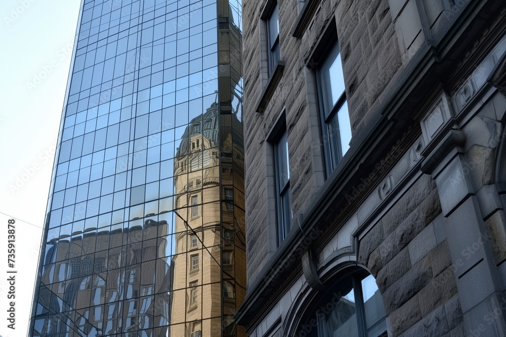 a glass tower reflecting an adjacent historic stone building