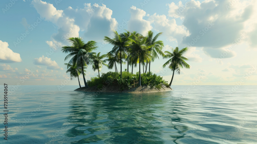 Small Island in the Middle of the Ocean Surrounded by Palm Trees