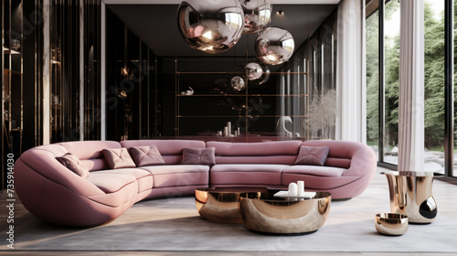 Pink velvet sofa in a luxurious living room interior with molding on pink walls and retro design.